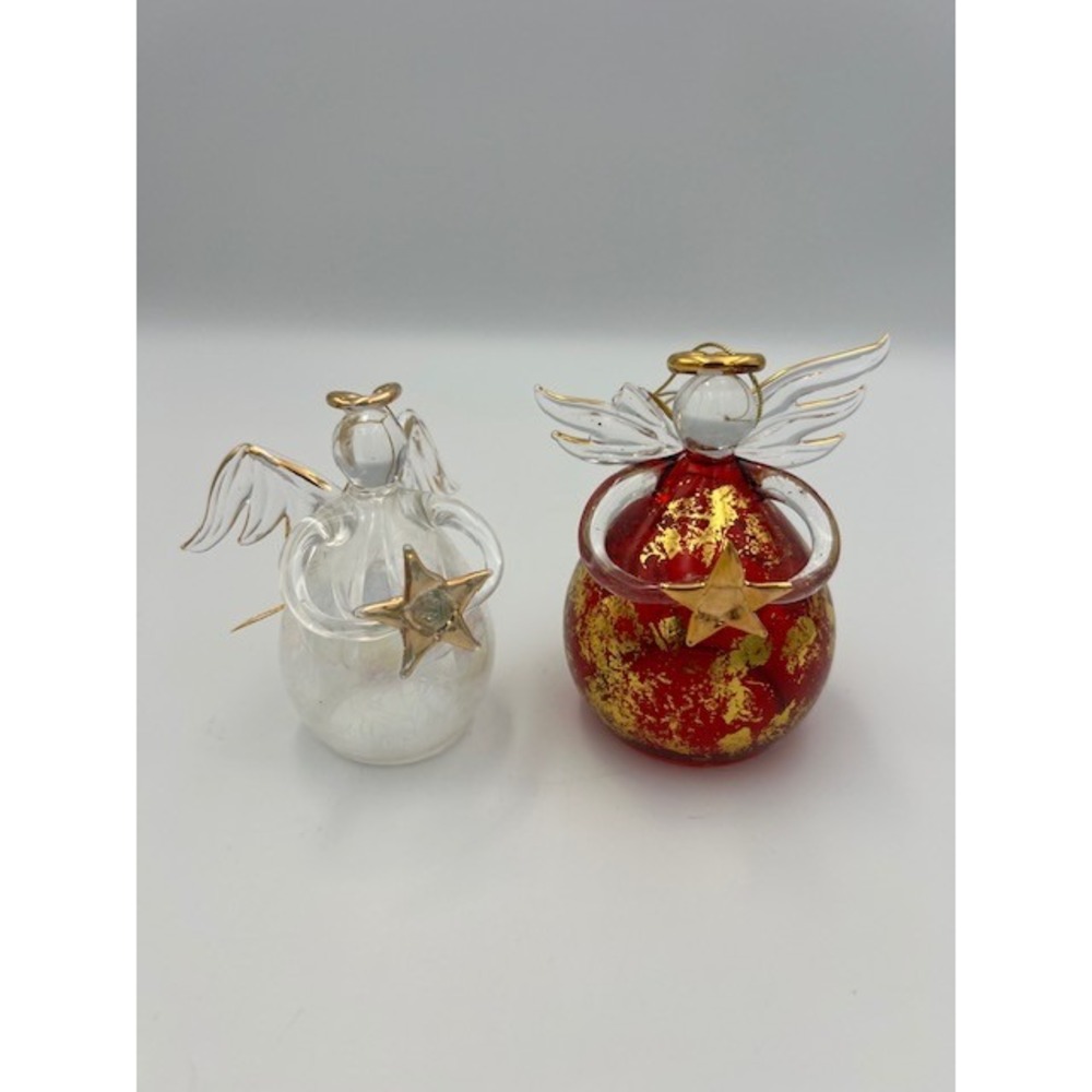 Hand Blown Glass Angel Ornaments Red Gold Fleck & Iridescent Set of 2